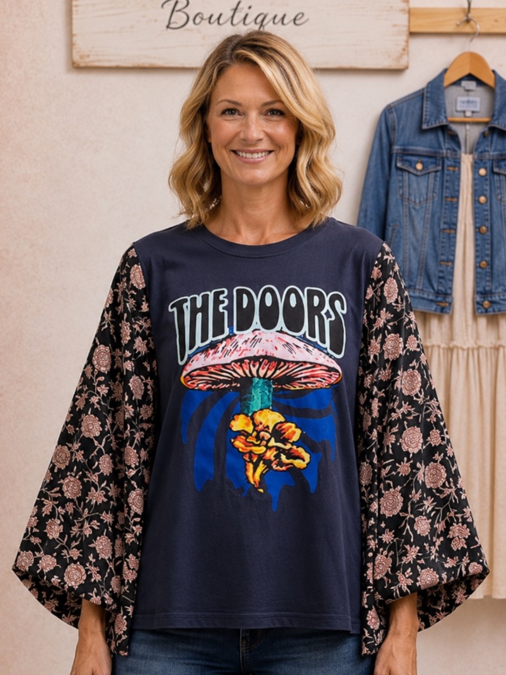 The Doors Floral Sleeve Batwing Tee - Navy